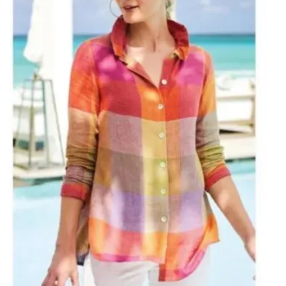 Soft Surroundings Galina Multi-Color Plaid Linen Button Down Tunic Top Size PS